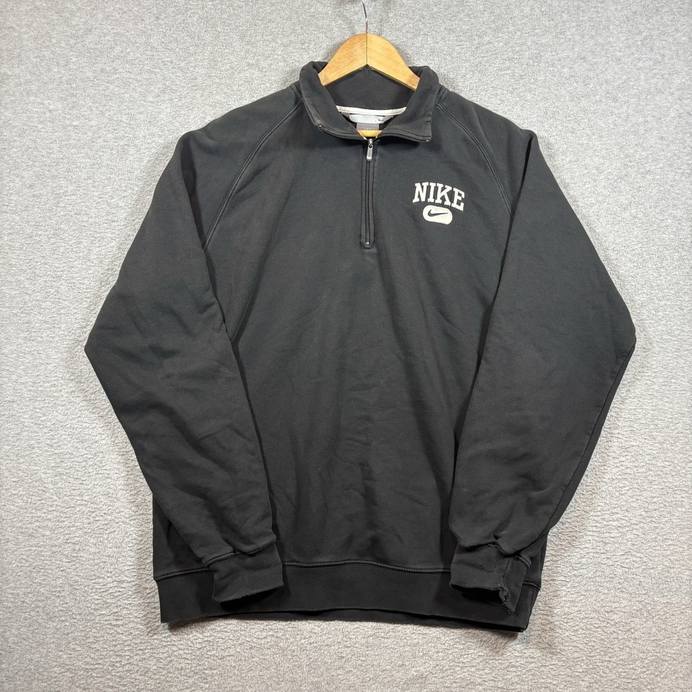 VTG Nike Spellout Quarter Zip Sweatshirt Black Large Oval Swoosh Fleece Y2K